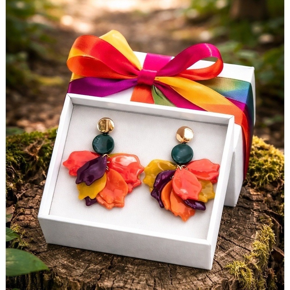 Bohemian‎ Multi-Color Resin Flower Petal Drop Statement Earrings Gold Tone Studs